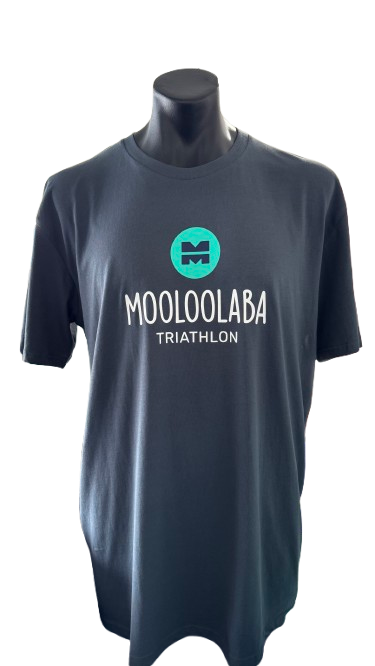 Mooloolaba Triathlon Mens Event Name Tee Petrol Blue